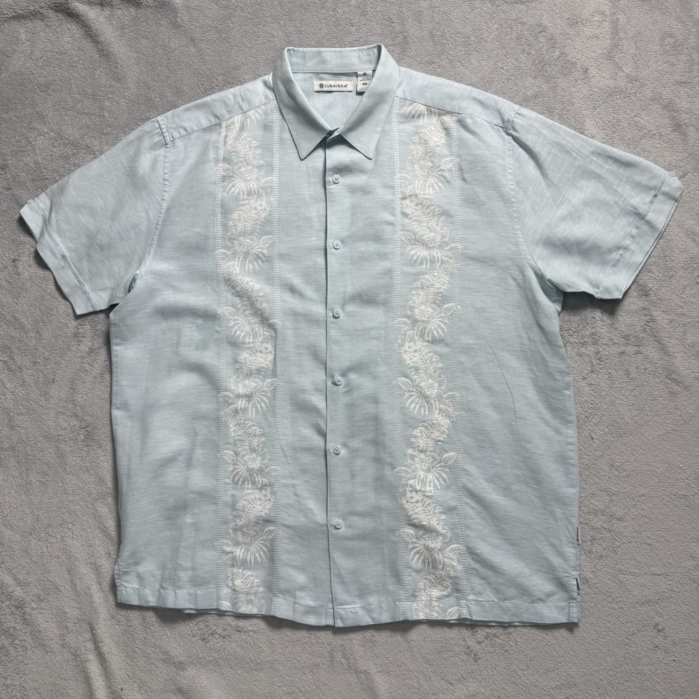Cubavera Mens XL Blue Linen Cotton Shirt Embroidered Short Sleeve Button Up